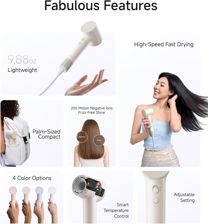 Laifen Air Hair Dryer, Lightweight and Palm-Sized Compact, 15× High-Speed Drying with 110, 000 RPM Powerful Motor, Smart Temperature Control, 200 Million Negative Ions, 5 Modes & 2 Airspeeds, Milktea