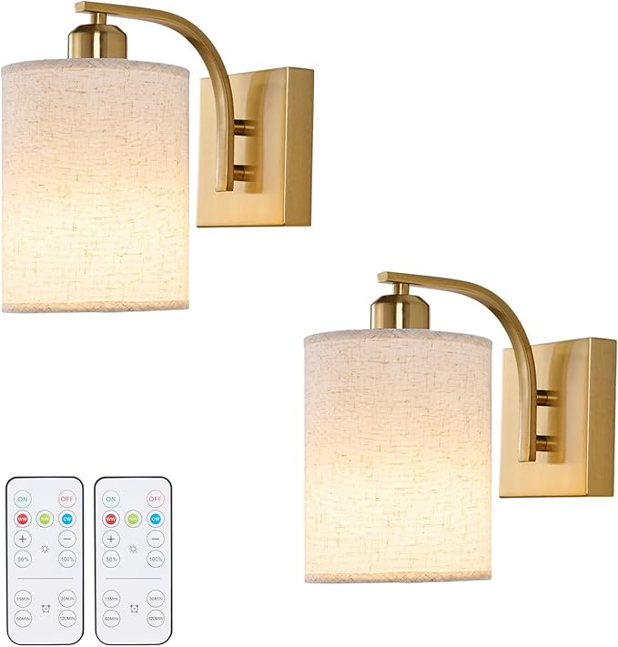 Powfloven Gold Rechargeable Wall Sconces Set of 2 with Remote, Wireless Battery Operated Dimmable LED Wall Lights, Cordless Wall Lighting Lamp Fixture for Bedroom Living Room