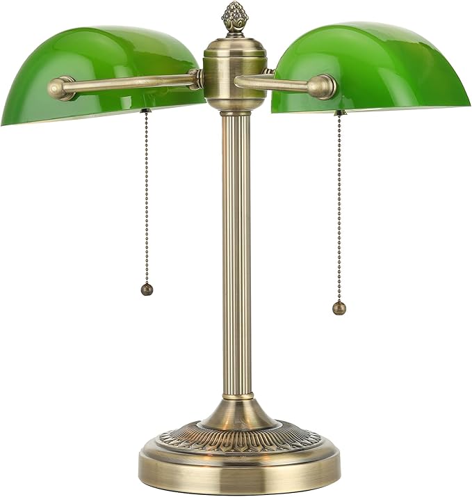 Green Double Head Glass Bankers Desk Lamp with Pull Chain Switch Plug in Fixture for Library, Office, Cafe