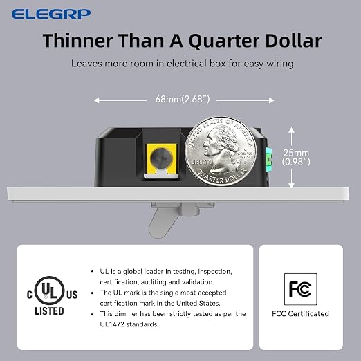 ELEGRP Digital Dimmer Switch for LED/CFL, Toggle Dimmer Switch with Decorative Frameless Design Wallplate, Single Pole/3-Way, UL Listed, 6 Pack, White