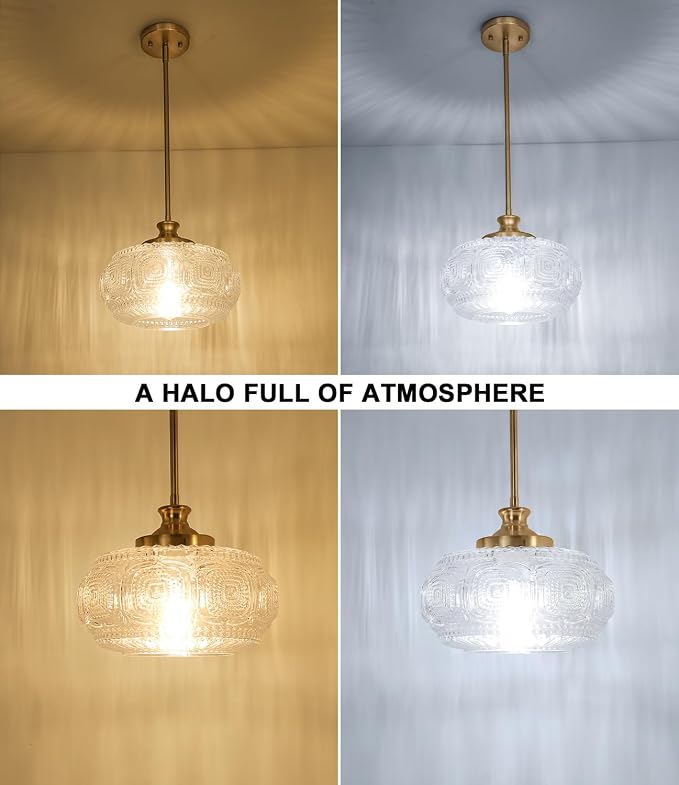 Semi Flush Mount Ceiling Light, Gold Pendant Lights Kitchen Island | 12" Large Clear Glass Shade, Vintage Pendant Light Adjustable Hanging Light for Kitchen Island Bedroom Hallway Bathroom