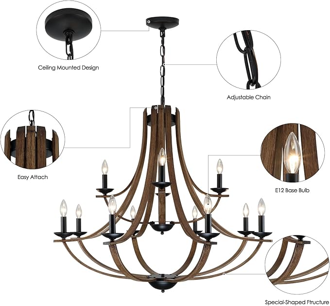 LAMPKEDUO Farmhouse Chandeliers for Dining Room Light Fixture, 2 Tier 12-Light 41" Adjustable Height Retro Faux Wood Texture Rustic Light Fixtures for Living Room Bedroom Foyer Entryway