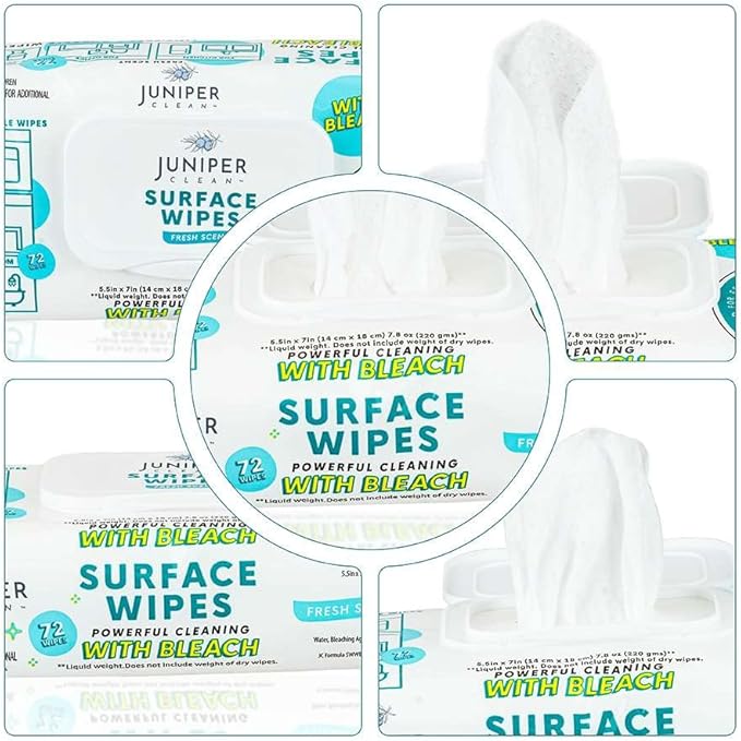 Lot de 6 lingettes nettoyantes de surface avec eau de Javel, nettoyant tout usage pour salle de bain, cuisine, bureau, 72 lingettes douces, parfum frais, non pelucheuses et durables