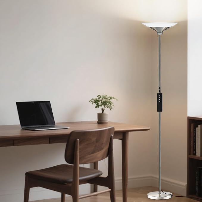 SIBRILLE Metallic Silver Torchiere Floor Lamp - 30W Dimmable LED Standing Lamp with Remote/Button Control, 1800Lm, 3000-6500K, 72in Tall Bright Pole Light for Living Room Bedroom Office Corner