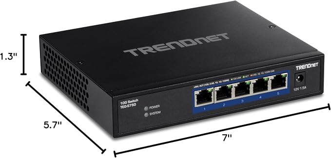 TRENDnet 5-Port 10G Switch, TEG-S750, 5 x 10G RJ-45 Ports, 100Gbps Switching Capacity, Supports 2.5G and 5G-Base-T Connections, Ethernet Splitter, NDAA & TAA Compliant, Lifetime Protection, Black