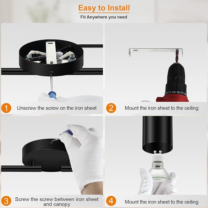 Plug in Track Lighting LED, Track Lighting Fixtures Ceiling, Black 4-Light Kitchen Light Kit, Plug in Wall Light with 14.8ft Power Cord, Rotatable Ceiling Spotlight for Bedroom(GU10 Socket, NO Bulb)