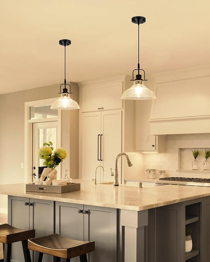 WILON Seeded Glass Pendant Lights Kitchen Island Lighting, Black Modern Farmhouse Pendant Light Fixture with E26 Base, Vintage Hanging Ceiling Lamp for Kitchen Sink Hallway Dining Room Entry Hall