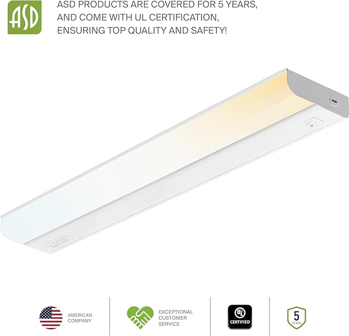ASD LED Under Cabinet Lighting Hardwired, 24 Inch 12W 2700K-5000K Selectable, 1051LM, CRI90+, Direct Wire Linkable Under Counter Lights for Kitchen, Dimmable Under Cabinet Lights, White, UL, 2 Pack