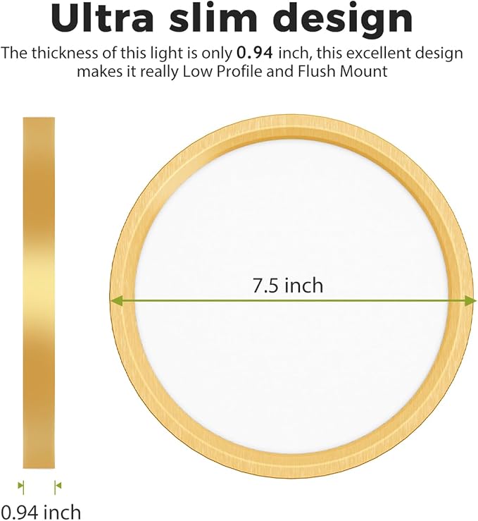 hepside 1Pack Dimmable Flush Mount Ceiling Light Fixture Golden, 3000/4000/6500K Ceiling Lamp, 7.5INCH 15W 1500LM Low Profile Light for Bedroom, Kitchen, Bathroom, Hallway