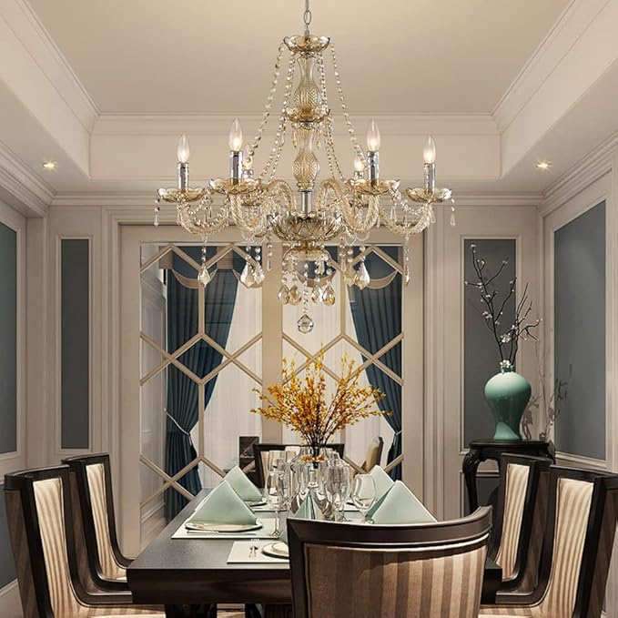 Saint Mossi 6 Light Chandelier Modern K9 Crystal Chandelier Lighting, Champagne Crystal Ceiling Light Fixture Pendant Lamp for Dining Room Bathroom Bedroom Livingroom