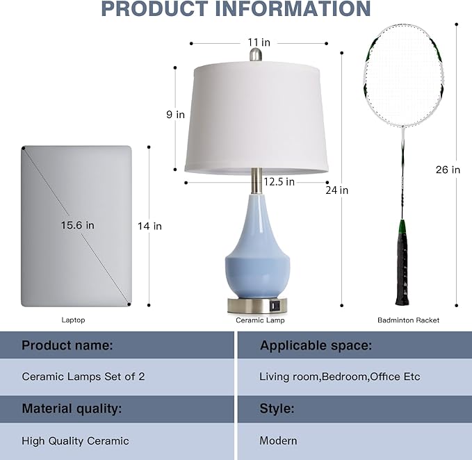 Cinyirong Modern Blue Table Lamp Set of 2, 24" Ceramic Table Lamp with USB A+C Ports,Classic Beside Lamps Nightstand Lamp Modern Lamp for Living Room, Bedroom & Office -LED Bulbs Included