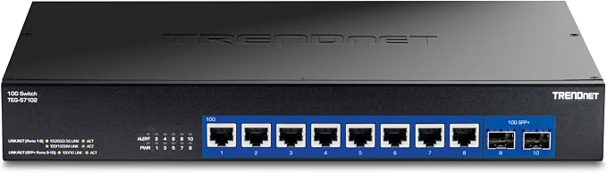 TRENDnet 10-Port 10G Unmanaged Switch, TEG-S7102, 8 x 10G RJ-45 Ports, 2 x 10G SFP+ Ports, 200Gbps Switching Capacity, Rackmount Design, Lifetime Protection, Black