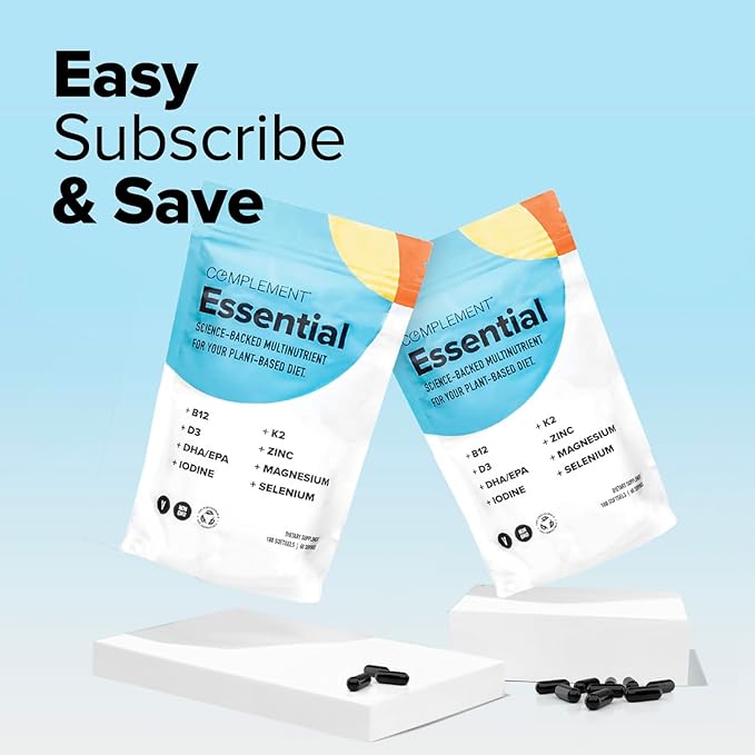 Complement Essential Vegan Multivitamin for Men & Women (60 Servings, 180 Capsules) with Omega-3 DHA & EPA, B12, Vitamin D3 & K2, Zinc, Selenium, Magnesium, Iodine - Supports Immunity & Overall Health