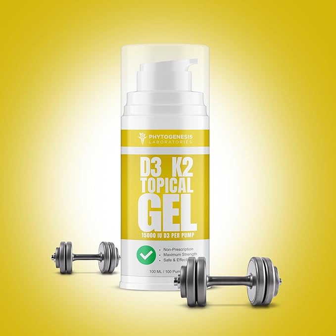 Vitamine D3 K2 Gel Topique Ultra-Puissant - Plus de 15000 UI par Pression - La Vitamine du Soleil - Soutient la Santé des Os et des Articulations, le Soutien Immunitaire - Approvisionnement d'un Mois