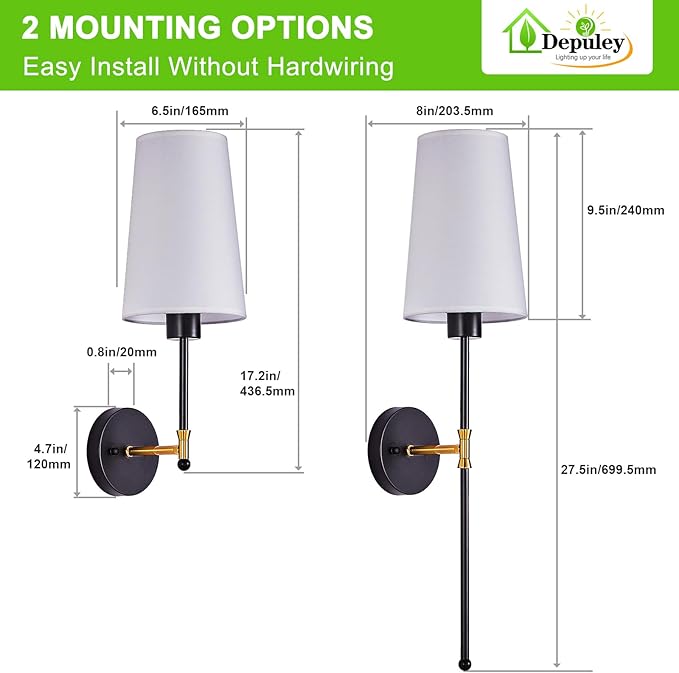 Depuley Battery Operated Wall Sconce: 27" Set of 2 Wireless Wall Lights with Remote for Bedroom - Rechargeable 15 Colors Black and Gold Wall Lamp for Living Room Hallway Decor