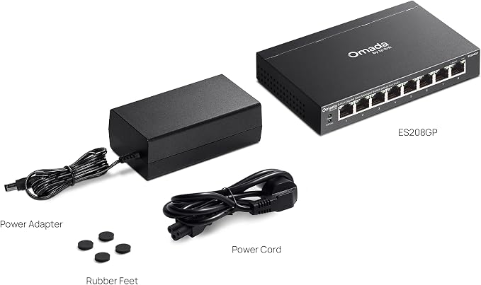 TP-Link Omada 8 Port Gigabit Easy Managed, PoE Switch, 65W Budget, PoE+ Compliant, Up to 250m PoE Distance, Auto Recovery, VLAN, Auto Loop Prevention, Fanless, Managed by Omada(ES208GP)