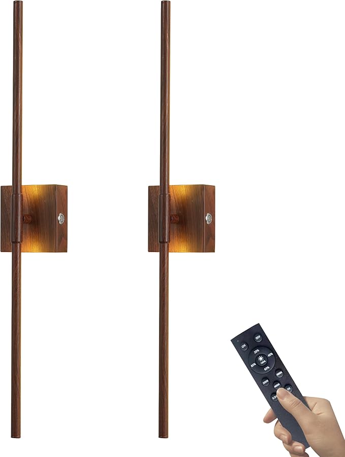 15800 mAh Battery Operated Wall Sconces with Remote Control Dimmable Rechargeable Battery Powered Cordless Wall Sconces Set of Two 3000K LED Walnut Wood Wireless Wall Light for Hallway Bedroom