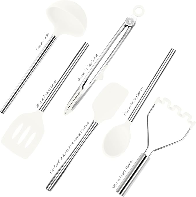 Tovolo Silicone Cooking Utensil Set of 6 Stainless Steel Handle Ladle Slotted Turner Tongs Flex Core Spatula Scraper Mixing Spoon & Potato Masher, Dishwasher Safe BPA Free Utensils, White