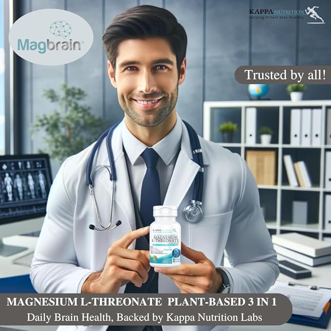 Kappa Nutrition alimenté par Magbrain™ Magnésium L-Thréonate végétal, 90 capsules véganes, 420mg de magnésium élémentaire (3 capsules) à partir de 2 253mg, soutien du cerveau, du sommeil et des muscles.