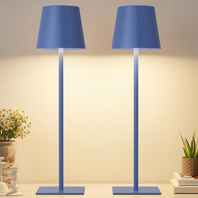 Kakanuo Navy Blue Rechargeable Table Lamp, 2 Pack Cordless Desk Lamp with 5000mAh Battery, Touch Control Stepless Dimming, Wireless Night Light for Dining, Outdoor Camping, Coffee Shop
