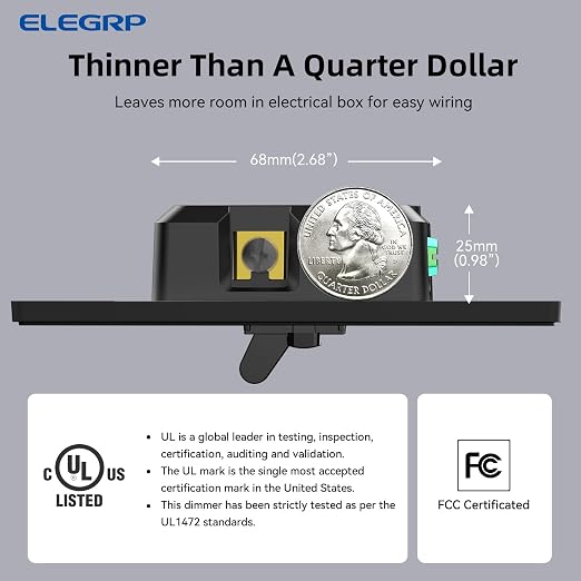 ELEGRP Digital Dimmer Switch for LED/CFL, Toggle Dimmer Switch with Decorative Frameless Design Wallplate, Single Pole/3-Way, UL Listed, 2 Pack, Black