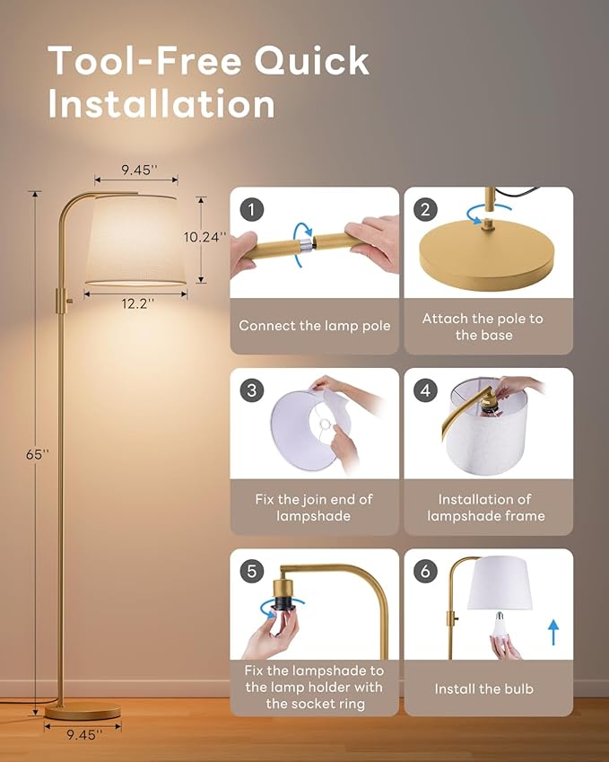 Dimmable Arc Floor Lamp, 1200 Lumens RGBCW Color Change Bulb Included, Standing Lamp with Linen Shade, 65" Tall Lamp with Remote for Living Room, Bedroom, Office, Dining Room, Kitchen, Gold