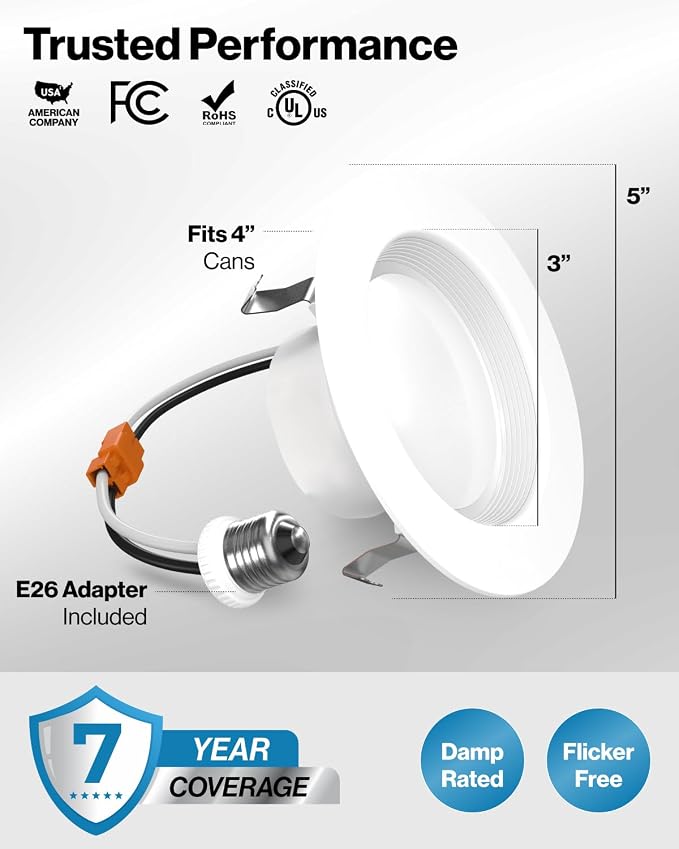 Sunco 10 Pack Retrofit LED Recessed Lighting 4 Inch, 3000K Warm White, Dimmable Can Lights, Baffle Trim, 11W=60W, 660 LM, Damp Rated - ETL.