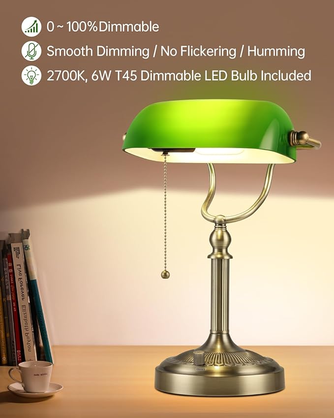 Green Glass Bankers Desk Lamp, Stepless Dimmable Table Lamp Plug in Fixture for Study, Office, LED Bulb Included