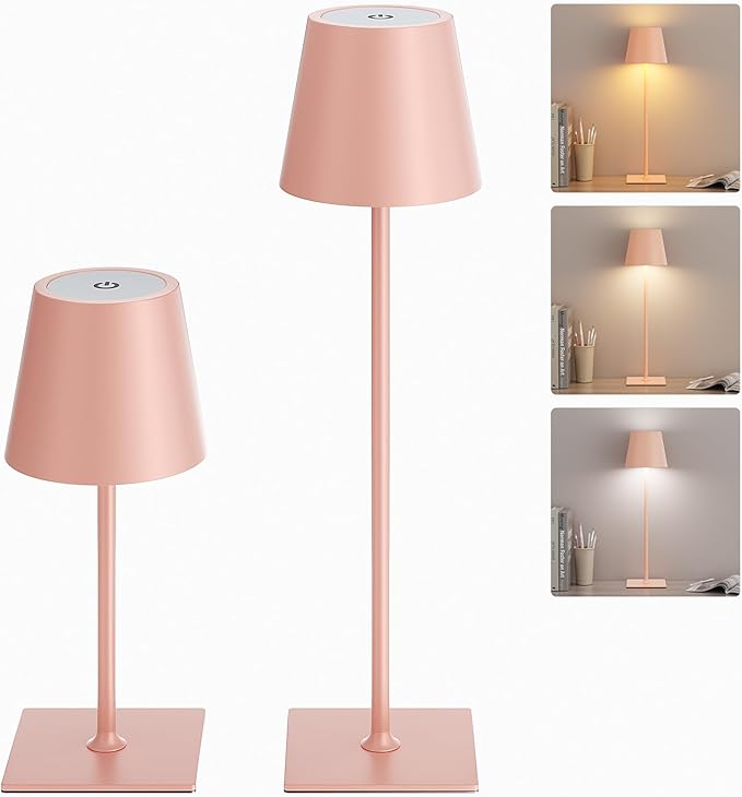 Kakanuo Pink Cordless Rechargeable Table Lamp 5000mAh Battery Operated Lamps, 3 Colors Stepless Dimming Touch Lamp for Living Room, Kitchen Counter, Dining, Outdoor Patio, 2 Pack