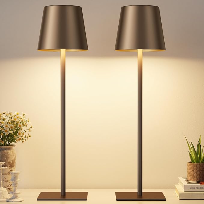 Kakanuo Brown Cordless Rechargeable Table Lamp, 2 Pack Portable Desk Lamp with 5000mAh Battery, Touch Control Stepless Dimming, for Dining, Outdoor Camping, Coffee Shop