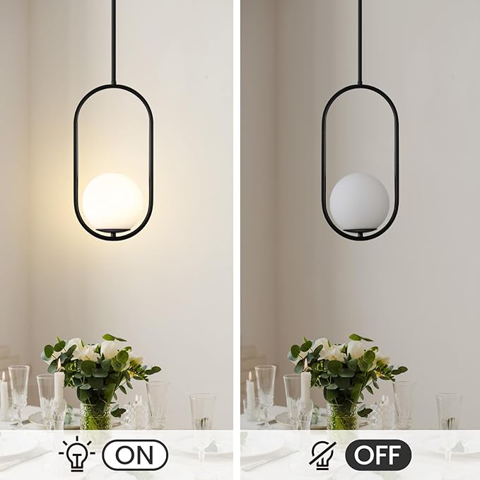 Yunnix Pendant Lights Kitchen Island, Pendant Light Fixtures, 2 Pack Modern Black Globe Glass Pendant Lighting, Mid Century Chandelier One Light for Bathroom Bedroom Dining Room