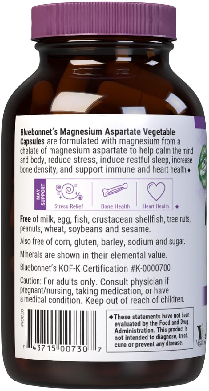 Bluebonnet Nutrition マグネシウムアスパラギン酸、ストレス緩和*、骨の健康*、心臓の健康*、非遺伝子組み換え、ビーガン、コーシャ認定、グルテンフリー、大豆不使用、乳製品不使用、100植物性カプセル、50回分