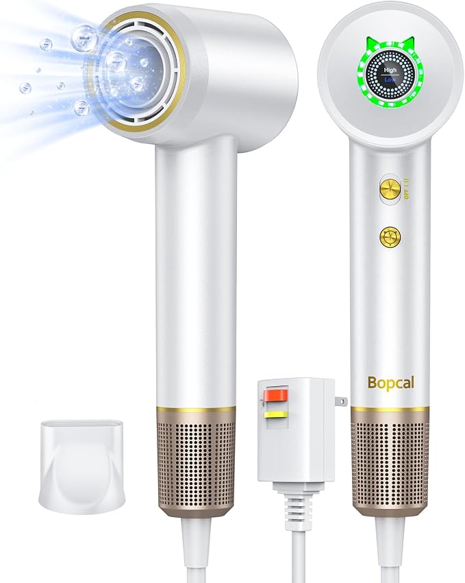Bopcal Ionic Hair Dryer, 160000 RPM Brushless Motor, Smart Thermo-Control, Negative Ion Fast Drying, Quiet Lightweight Blow Dryer, Cold Air & 4 Heat Settings, for Home Travel Salon