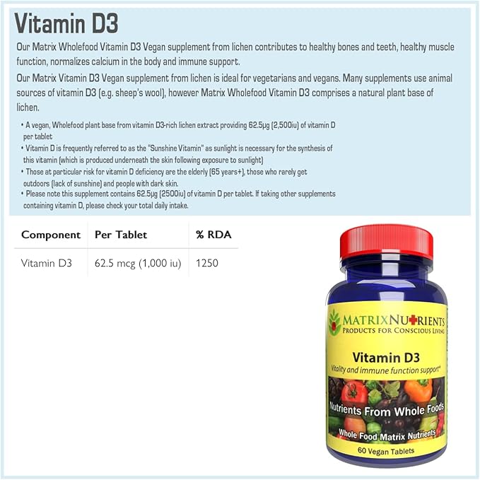 ビタミンD3 - 他社製品より強力! - 62.5mcg (1,000IU) 最高の吸収率、100%オーガニック天然成分 - 強力な免疫サポート! - ヴィーガンタブレット (60錠)