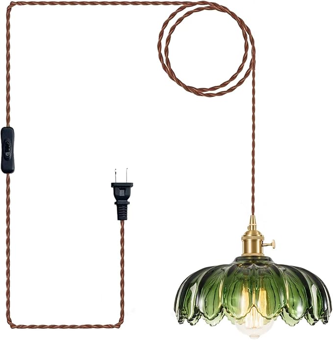 XZHGCEE Hanging Lamp Plug in Pendant Light: Green Hanging Light Plug in Hanging Lamp, Glass Pendant Lighting for Kitchen Island, Bedroom, Dining Room, Living Room, E26 No Bulb