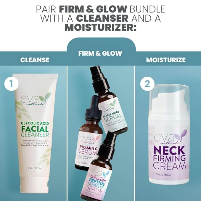 Eva Naturals ファーム&グロー美容液バンドル – ビタミンC、ペプチド、ナイアシンアミド美容液 – シワ、輝き、毛穴、保湿のためのエイジングケアフェイス美容液セット – コラーゲンブースティングスキンケアルーチン