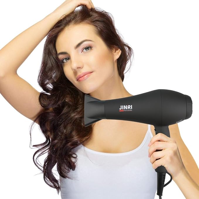 JINRI Hair Dryer, 1875W, 3 Heat & 2 Speed, with Diffuser, with Concentrator, Ionic Technology & Infrared - Black, Detachable Air Intake, Non-Foldable, Hanging Strap, 125V, JR-104D