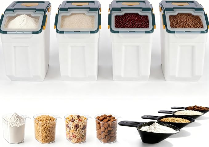 RUIAN Large Airtight Storage Container,25lb Flour Rice Storage Containers Bin with Wheels Seal Locking Lid, with Measuring Cup&Scoop for Flour, Rice, Grain (25lbt Blue,4PCS)