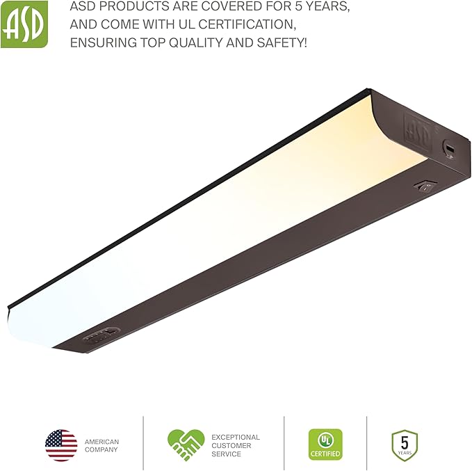 ASD LED Under Cabinet Lighting Hardwired, 18 Inch 10W 2700K-5000K Selectable, 807LM, CRI90+, Direct Wire Linkable Under Counter Lights for Kitchen, Dimmable Under Cabinet Lights, Bronze, UL Certified