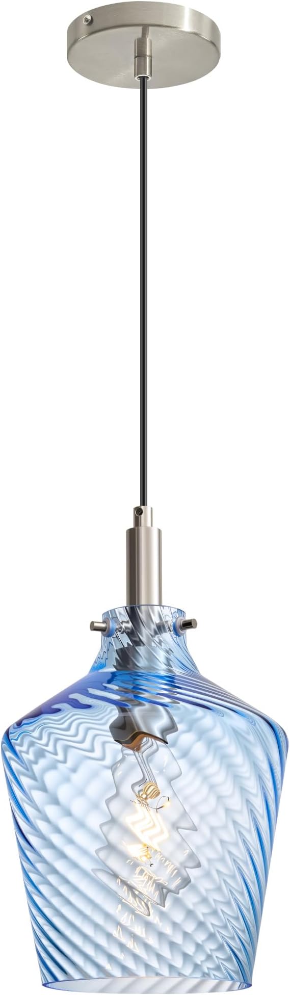 Modern Stripes Blue Glass Pendant Lighting for Kitchen Island 1 Pack, Farmhouse Nickel Pendant Light Fixtures, Height Adjustable Ceiling Pendant Light, 8 Inch