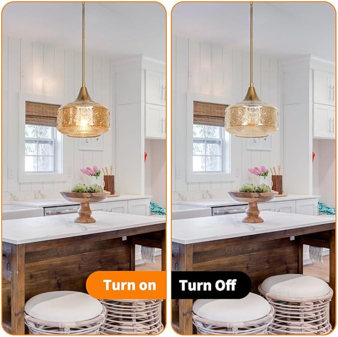 Retro Gold Pendant Lights Kitchen Island Lighting Fixture, Glass Pendant Light Large Brass with Large Thickened Amber Glass Shade, Classic Globe Pendant Light. Adjustable Hanging Light for Home Decor