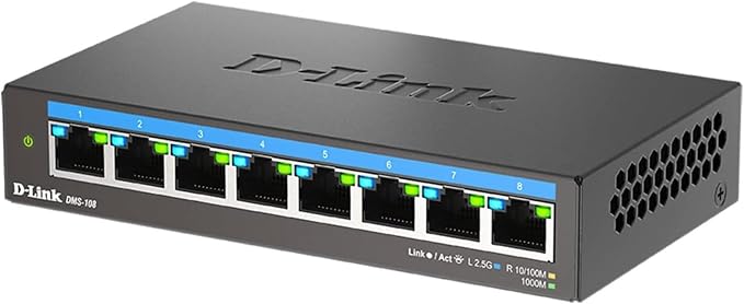 D-Link 8-Port 2.5GB Unmanaged Gaming Switch with 8 x 2.5G - Multi-Gig, Desktop or Wall Mount, Silent Operation, Plug & Play, Follows NDAA/TAA, (DMS-108), Ethernet Splitter, Multi-Gigabit Network