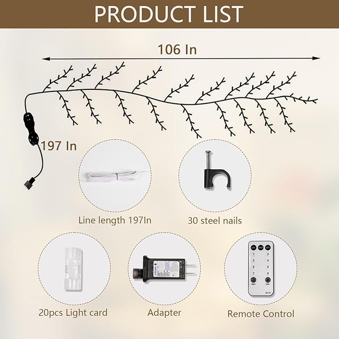 160LED Plug-In Vine Lights With Remote - Indoor Artificial Plants Flowers Tree Willow Decor for Walls, Bedroom, Living Room, Kitchen, Coffee Shop - Warm White (White)