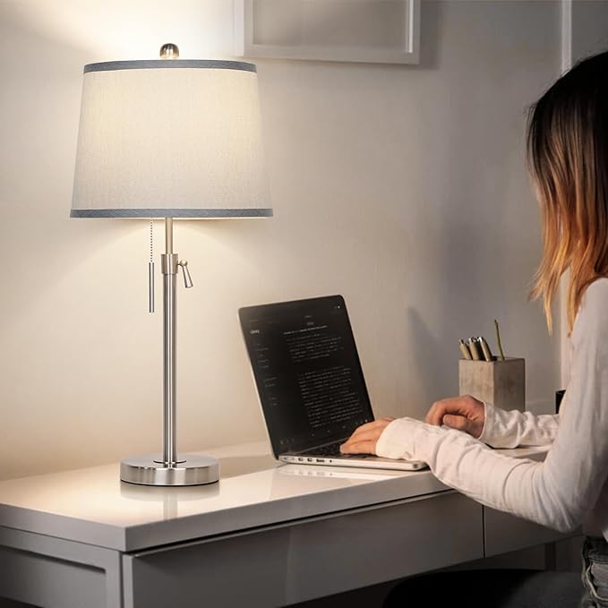 JUNNAI Table Lamps Set of 2, Bedside Lamp Silver Tall Table Lamps for Living Room End Tables, 22" to 30" Adjustable Height Lamp for Bedroom Nightstand Farmhouse with Pull Chain(Bulbs Included)