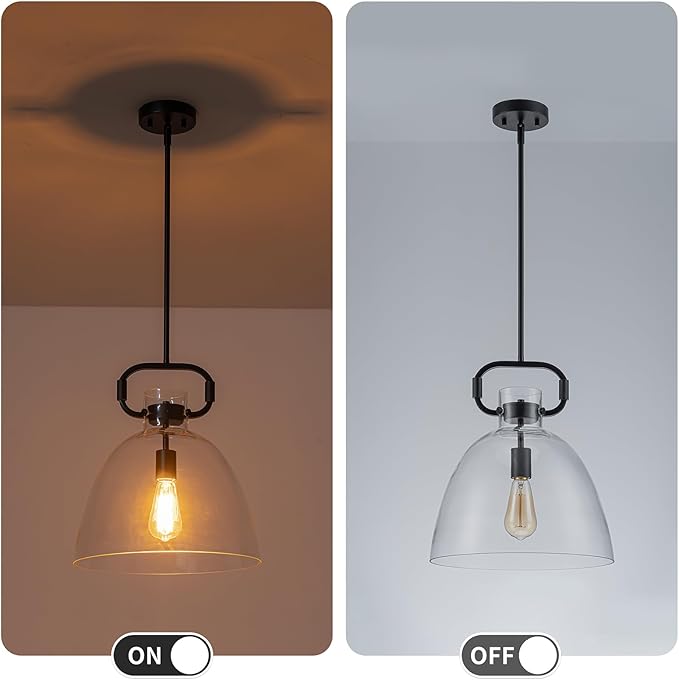14'' Glass Pendant Light Fixture, 1-Light Modern Large Pendant Lights Kitchen Island, Adjustable Cord Farmhouses Black Island Lighting for Kitchen Bedroom Dining Room, E26