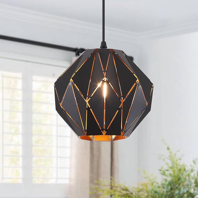 baunoisk Pendant Light Industrial Vintage Pendant Lamp Retro Farmhouse Ceiling Hanging Light Fixture Black Metal Creative Geometric Diamond Shade Pendant Lighting for Kitchen Island