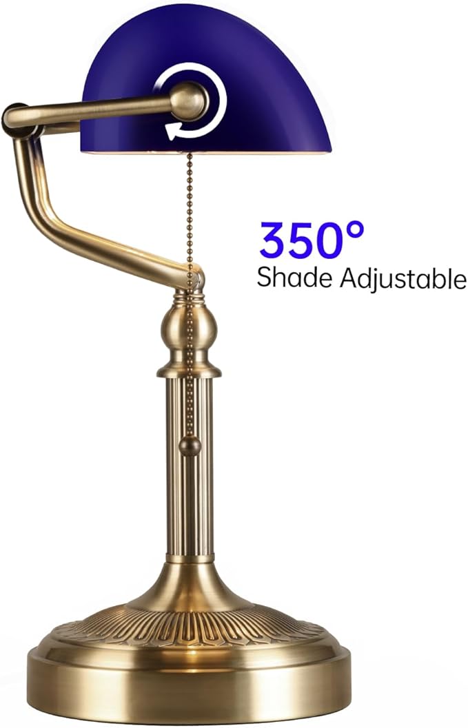 Blue Glass Bankers Desk Lamp with Pull Chain Switch Plug in Fixture for Home Office,Library