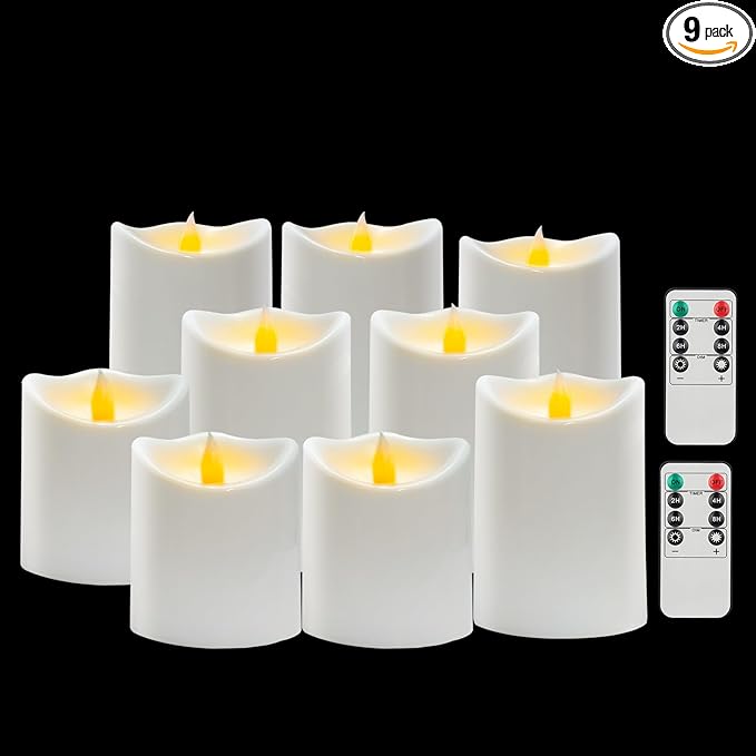 antizer Flameless Candles Set of 9 Plastic LED White Pillars with 2 Remotes & Timer, Battery Operated Outdoor Decor for Garden Patio, Wedding & Home Festival (White - 3" D x 9 Pack)