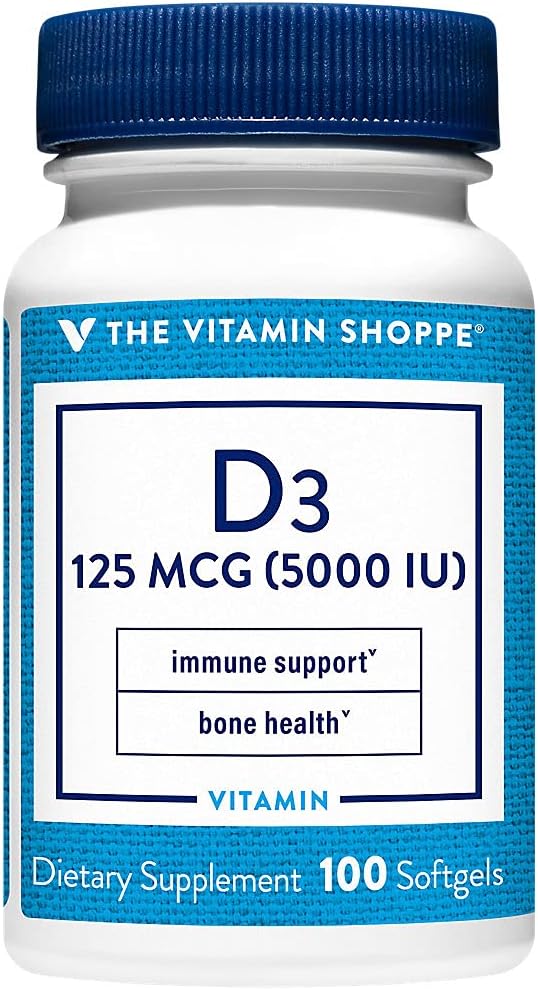 The Vitamin Shoppe Vitamine D3 5000 UI - Santé des os, immunitaire et cellulaire | Gélules de cholécalciférol | 100 gélules | Sans gluten