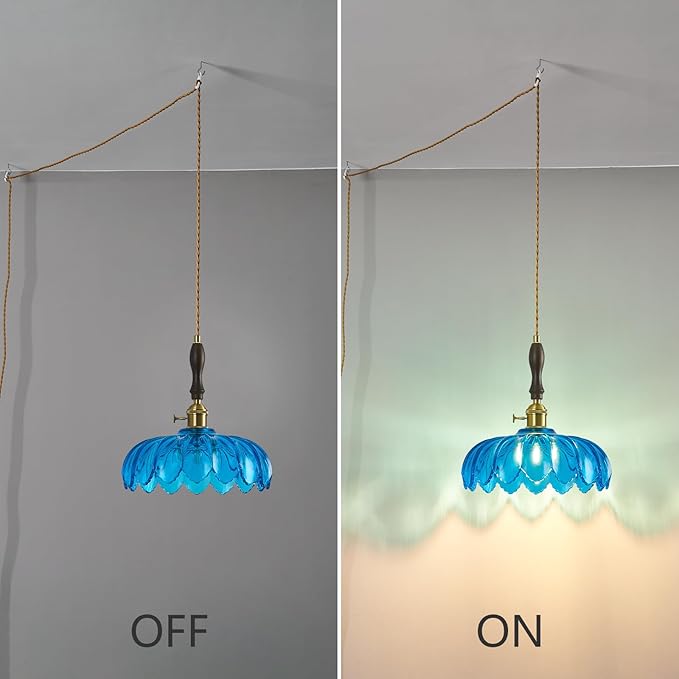 Modern Blue Plug in Glass Pendant Light Retro Flower Glass Hanging Lamp Gold Brass Decorative Adjustable Ceiling Hanging Light Suitable for Kitchen Island Bedroom Dining Room Living Room